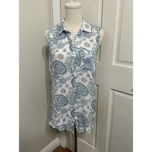 Tribal Jeans Paisley Shirt Top Sleeveless Blue White Floral Print Size Petite Sm